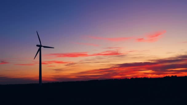 风车上方的夕阳西下 田野上的轮廓 — 图库视频影像