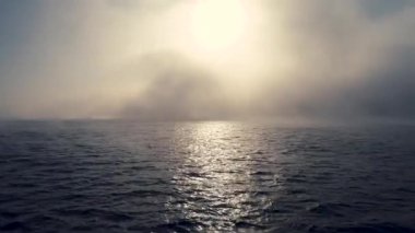 Okyanus dalgaları üzerinde sisli bir sabah. Gün doğumu ve dalgalı su manzarası