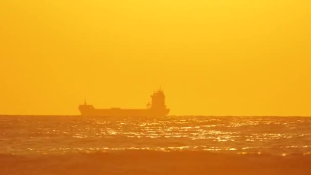 一大早海上日出和在水里航行的货船 — 图库视频影像