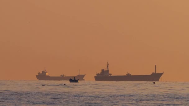海の日の出と早朝に水の中に貨物船をセーリング — ストック動画