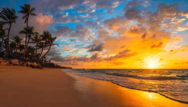Punta Cana 'da gündoğumu tropik plajı, Dominik Cumhuriyeti adası.