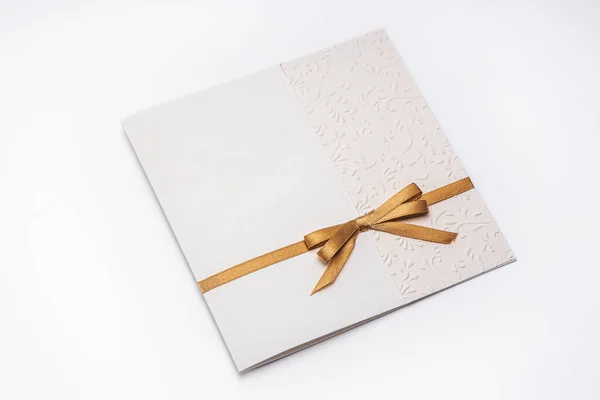 Greeting Card Gold Ribbon Isolated White Background — Stock Photo, Image