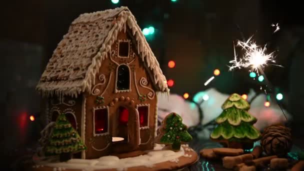Gingerbread house with lights — Stock Video