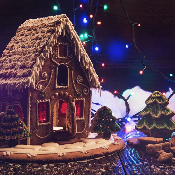 Gingerbread house with lights — Stock Photo, Image