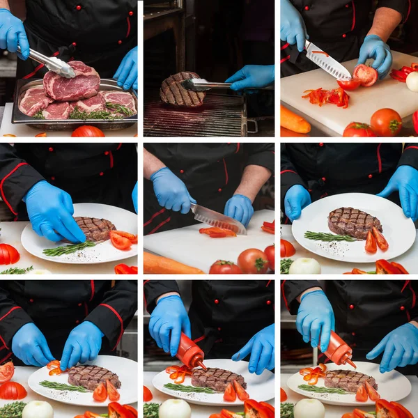 Chef preparando bife de carne — Fotografia de Stock