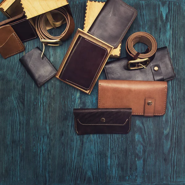 Mens accessories on a blue wooden — Stock Photo, Image