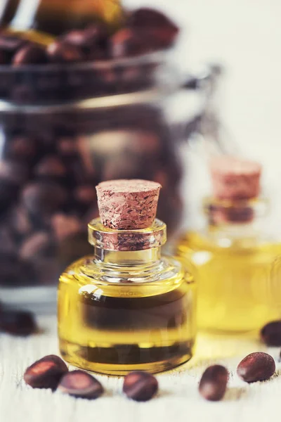O óleo de cedro em uma garrafa de vidro — Fotografia de Stock