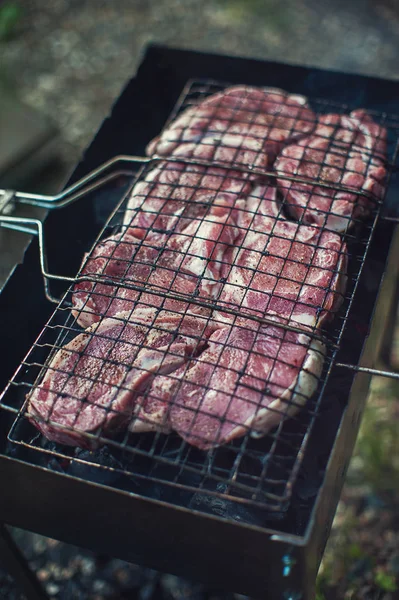 Grilling fresh entrecote pork — Stock Photo, Image