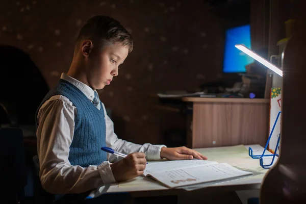 Aluno menino faz sua lição de casa — Fotografia de Stock