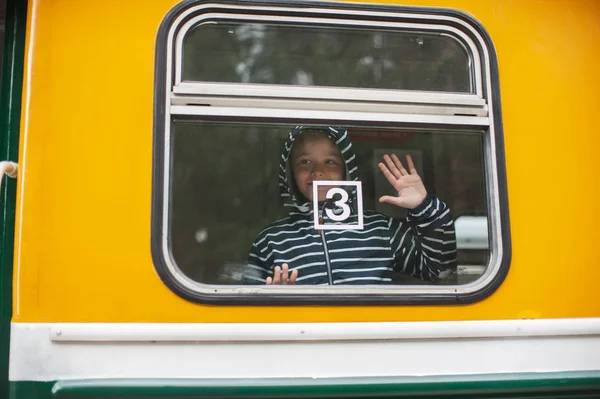 Bedårande pojke på ett tåg — Stockfoto