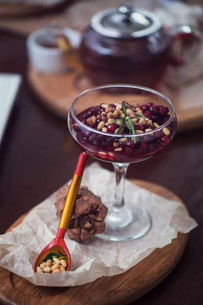 Dessert from beriies with pine seed — Stock Photo, Image