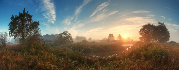 Sun rising over meadow in misty autumn morning — Stock Photo, Image