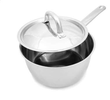 Kapak ve üzerinde beyaz izole kolu ile çelik tava