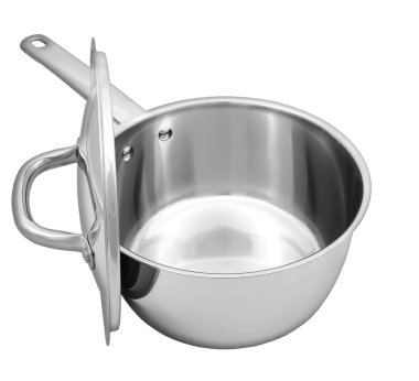 Üst ve beyaz arka plan üzerindeki kolu çelik tencere