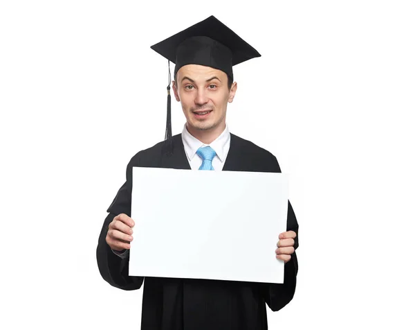 Boş beyaz tahta ile mezun öğrenci — Stok fotoğraf