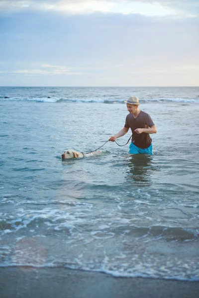 Hombre con perro labrador en agua —  Fotos de Stock