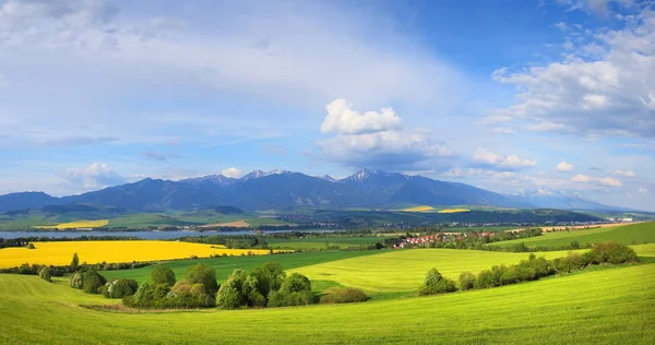 Blå himmel över grön äng i berg — Stockfoto