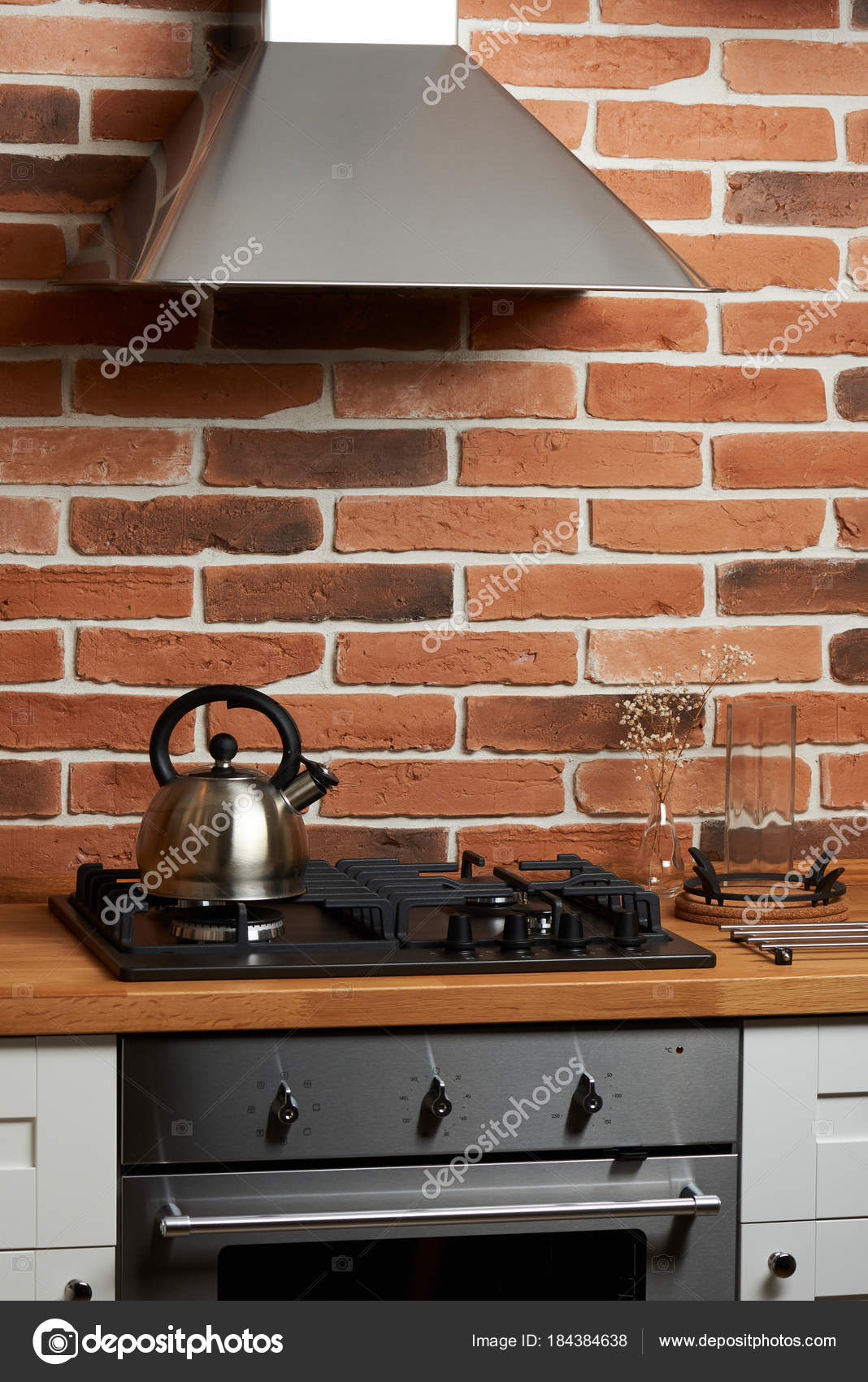 Modern Kitchen With Brick Wall Stock Photo Image By Dimarik 184384638