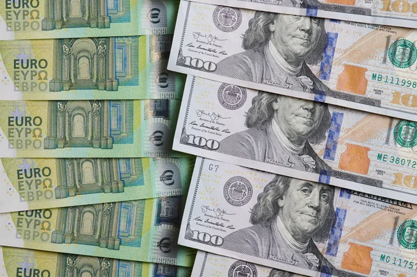 Ряд Банкнот Доллара Евро Плоский Вид Сверху — стоковое фото