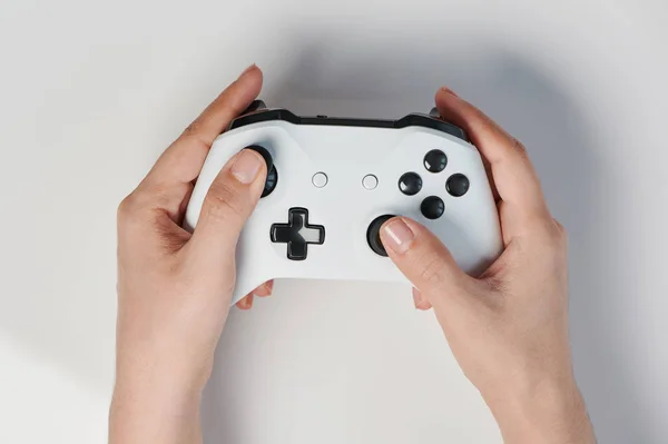 White Controller Black Buttons Hand Top View — Stock Photo, Image