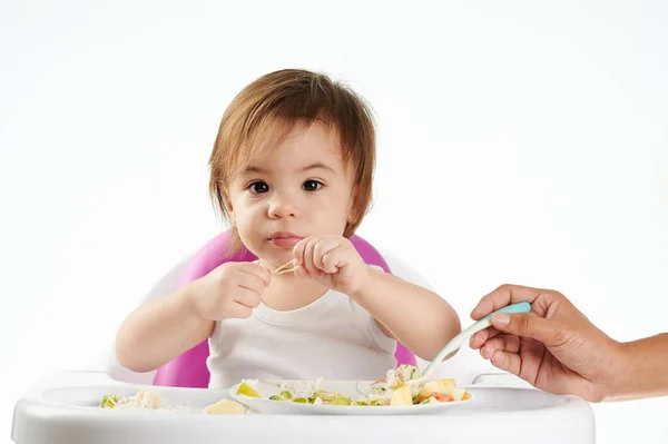 African American Feeding Caucasian Baby Isolated White Background — Stock Photo, Image
