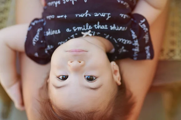 Adorable Kid Lay Laps Top View Close — Stock Photo, Image