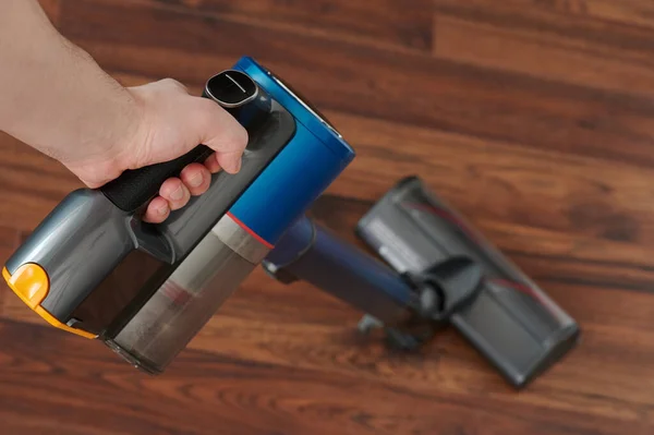 Cleaning Floor Service Hand Hold Vacuum Cleaner Wooden Background — Stock Photo, Image