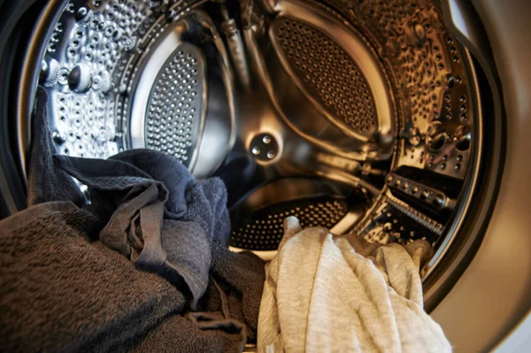 Dirty Cloth Washing Machine Close View — Stock Photo, Image