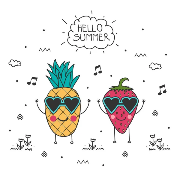 Hello Summer and doodle pineapple and strawberry — Stock Vector