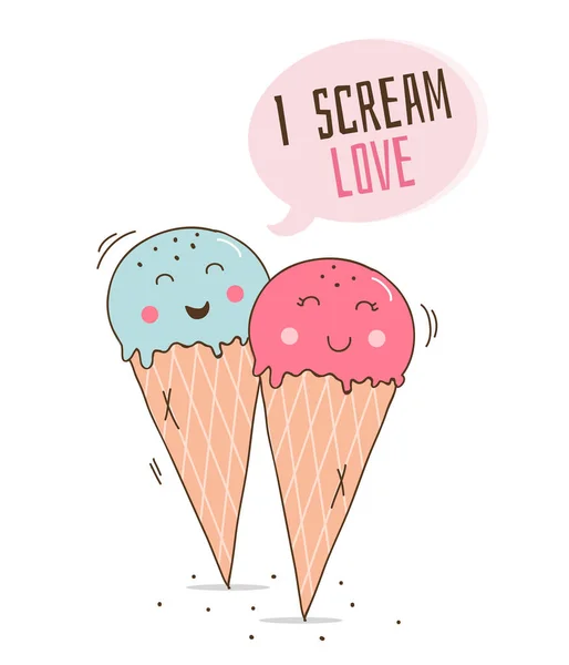 我尖叫爱 有趣的爱卡与冰淇淋锥夫妇与快乐的笑脸 矢量插图 伟大的情人节 免版税图库插图