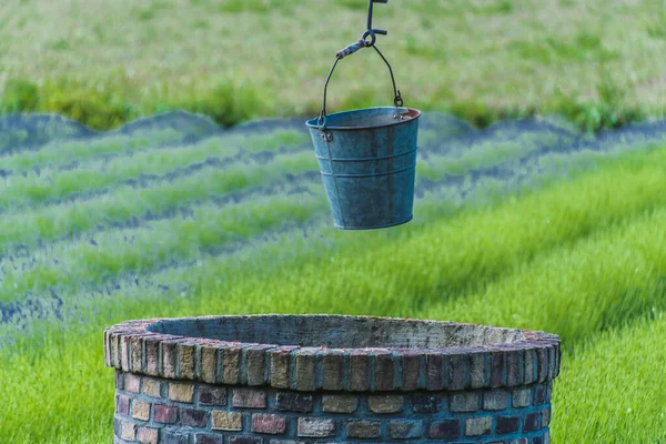 Eimer mit rostigem Eisenwasser über einem Brunnen — Stockfoto