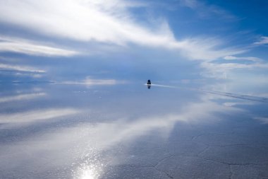 Araba Salar de Uyuni çölünde, Bolivya