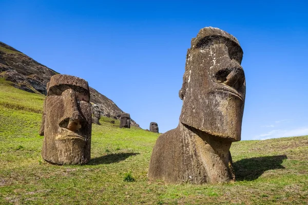 Moais sochy na Vulkánu Rano Raraku, Velikonoční ostrov — Stock fotografie