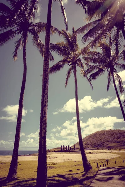 Anakena plage de palmiers et Moais statues site ahu Nao Nao, Pâques est — Photo