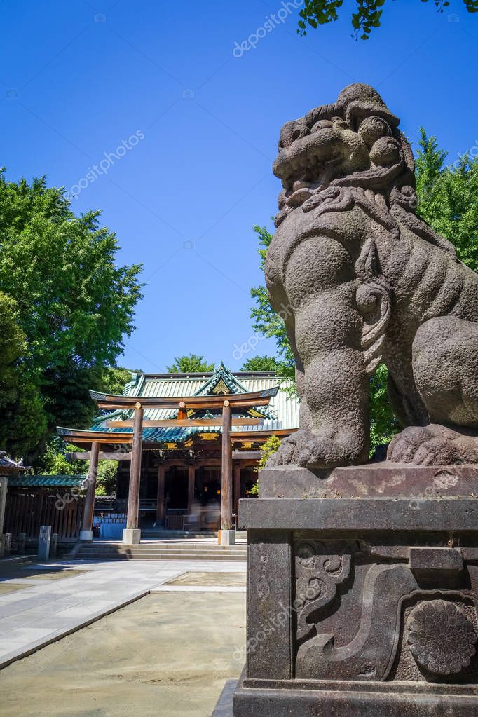 Lion statue in Ushijima Shrine temple, Tokyo, Japan