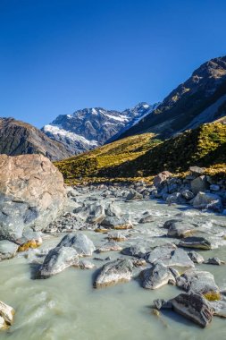 Buzul nehir fahişe Vadisi parça, Mount Cook, Yeni Zelanda