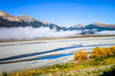 Sarı orman ve nehir Yeni Zelanda dağları