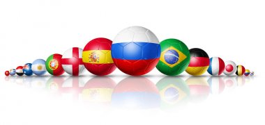 Rusya 2018. Futbol futbol topları ile takım ülke bayrakları