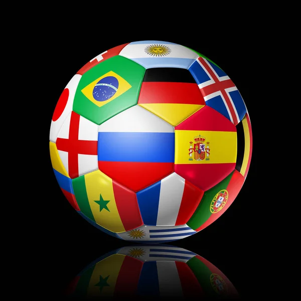 Ρωσία 2018. Ποδόσφαιρο μπάλα ποδοσφαίρου με ομάδα εθνικές σημαίες στο bl — Φωτογραφία Αρχείου