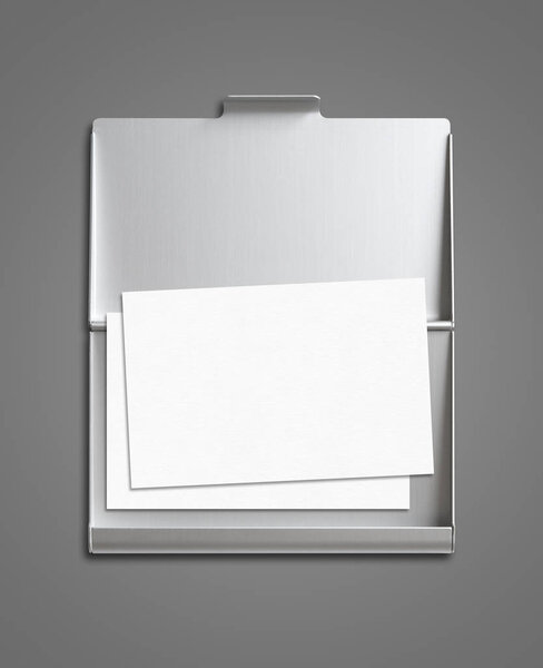 Визитная карточка и макет держателя карты изолированы на темно-сером
