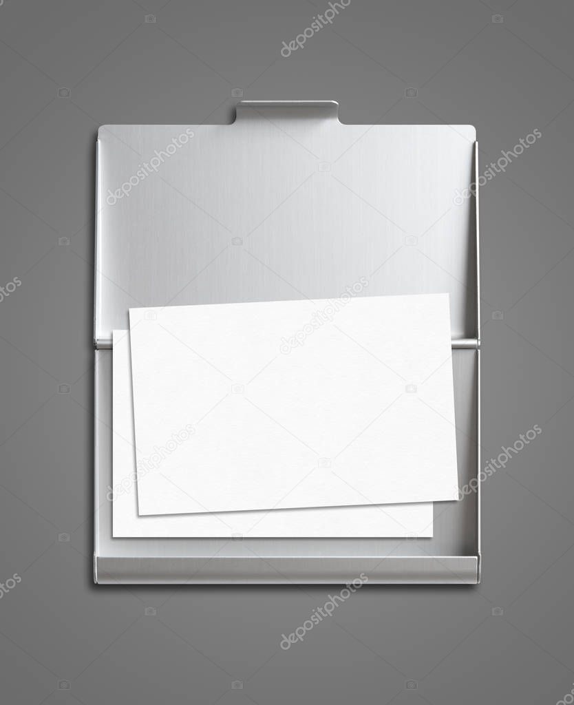 Business card and cardholder mockup isolated on dark grey