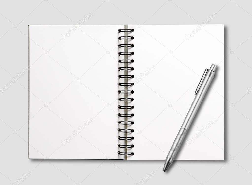 Blank open spiral notebook and pen isolated on grey