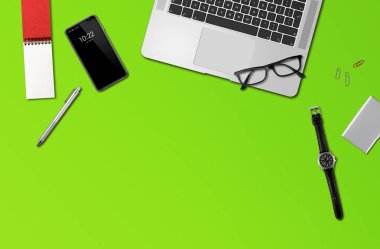 Ofis masası mockup üst görünümü yeşil izole