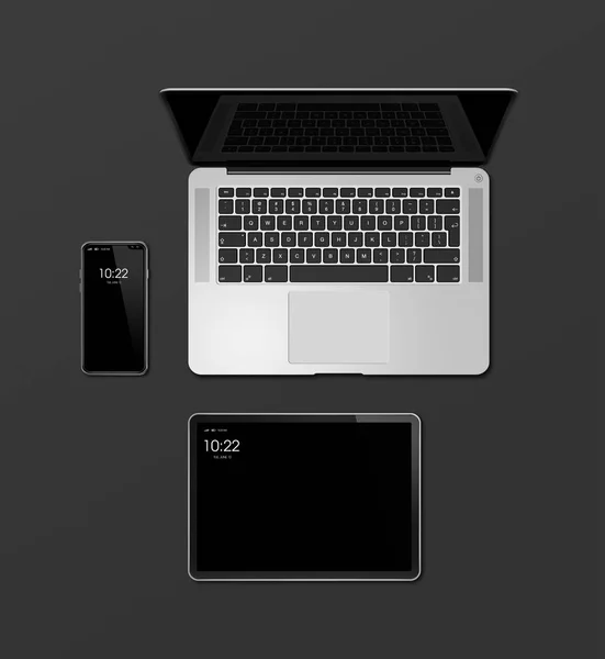 Ordenador portátil, tableta y teléfono conjunto maqueta aislado en negro. Renderizado 3D — Foto de Stock