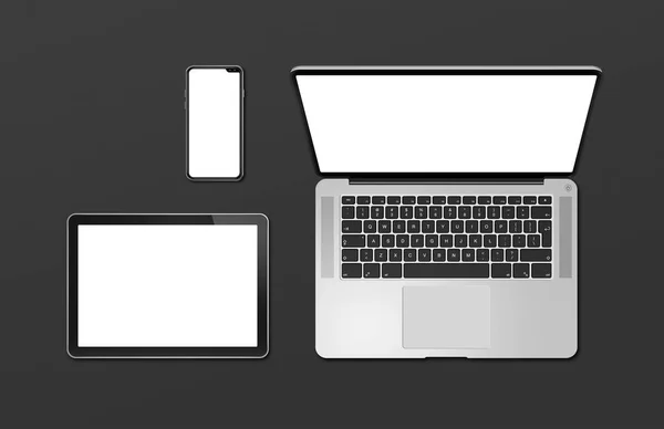 笔记本电脑、平板电脑和手机套装模型隔离在黑色上。3d 渲染 — 图库照片
