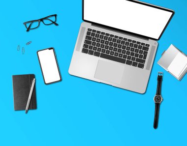 Ofis Masası mockup üst görünüm mavi üzerinde izole