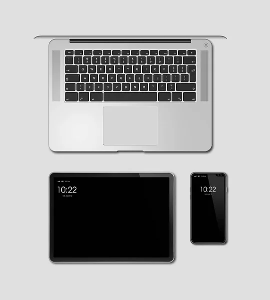 Ordenador portátil, tableta y teléfono conjunto maqueta aislado en gris. Renderizado 3D — Foto de Stock