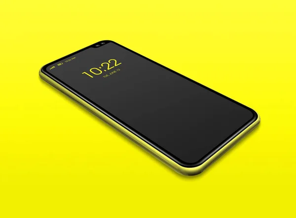 Черный макет смартфона на всех экранах изолирован на жёлтом. 3D рендеринг — стоковое фото