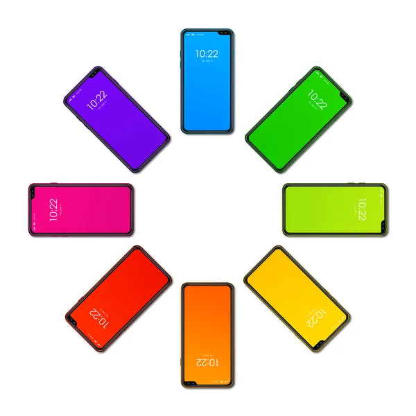 Rainbow colorful smartphone set in circle shape. isolated on whi — Stock Photo, Image