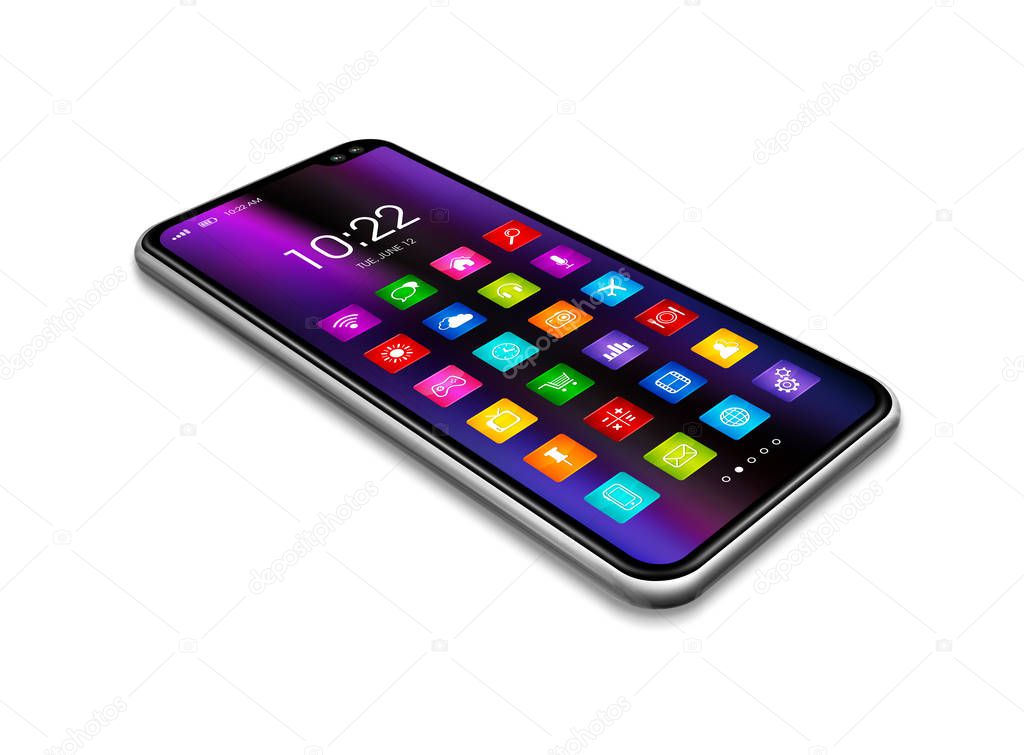 All screen smartphone with colorful icon set isolated on white. 